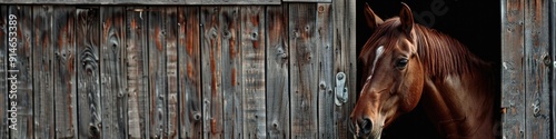 Brown horse with heart shaped blaze standing near barn walls