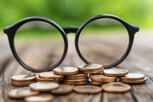 Stacked coins through bifocals symbolizing focused financial planning and investment foresight