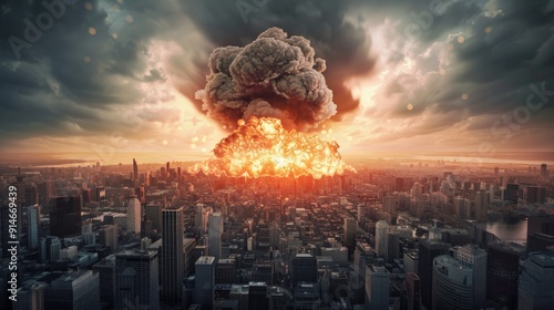 A massive mushroom cloud rises over a city skyline, engulfing the buildings in flames and smoke. The apocalyptic scene evokes fear and destruction.