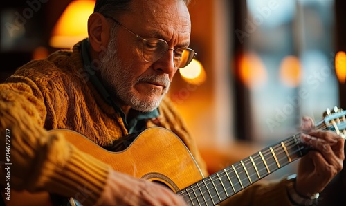 70-Year-Old Man Playing Guitar by the Fire in a Wine Cellar, Nighttime, with a View of the Night Street