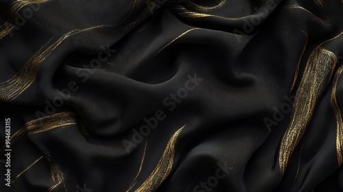 A slightly wrinkled fabric background in dark color with golden lines : Generative AI