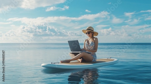 Woman sea laptop Digital nomad freelancer with laptop working on sup board at calm sea beach Happy smiling girl relieves stress from work Freelance digital nomad travel and holidays co : Generative AI