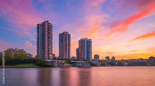 High rise residential appartments on Parramatta River at Sunset with colourful skies Sydney NSW Australia : Generative AI