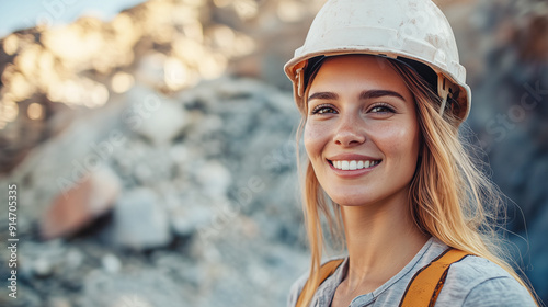 A cheerful female geologist in a hard hat smiles confidently while working in a rugged terrain, highlighting her passion for field research.