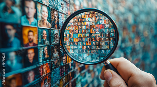 A hand holding a magnifying glass closely examines a wall filled with diverse individual portraits, representing detailed scrutiny or selection.