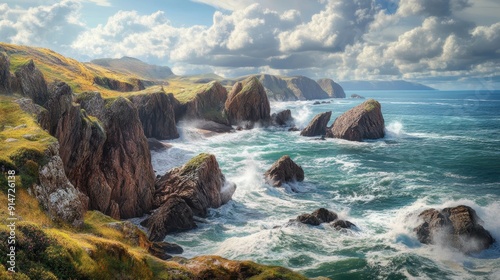 A picturesque coastal scene with rugged cliffs and crashing waves