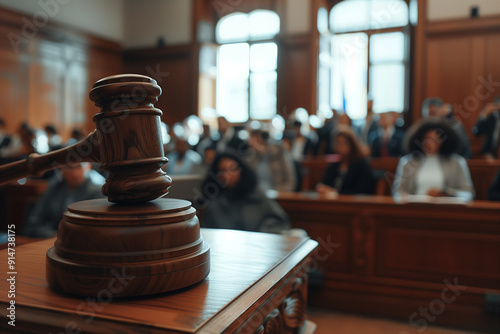 The image captures a close-up view of a judge's gavel in focus with a blurred courtroom background, depicting the gravity and formality of legal proceedings