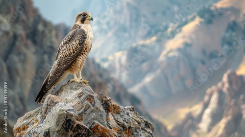 Close-up of a hawk perched on a rocky cliff in the mountains