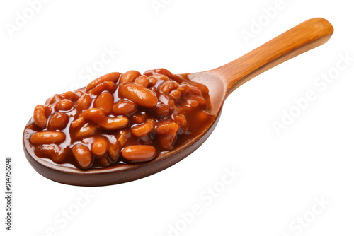 A spoonful of beans is shown on a white background