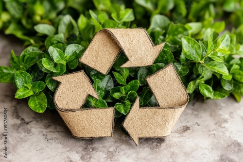 Recycled paper forming an eco symbol in a garden promoting sustainability and environmental friendliness