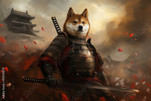 A Shiba Inu dressed as a samurai warrior with a katana.