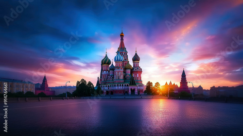 A beautiful church with a large tower and a large dome. The sky is a mix of blue and pink