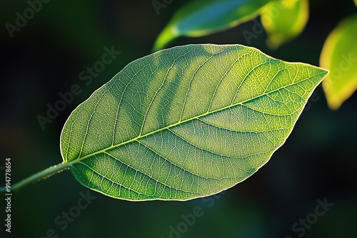 Close-up of a green leaf with intricate veins, illuminated by sunlight.