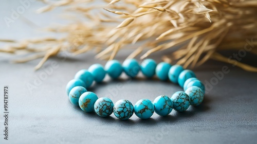 Turquoise bracelet Bracelet made of stones on hand from natural stone Turquoise Bracelet made of natural stones Handmade jewelry Handmade bracelets on light modern background : Generative AI