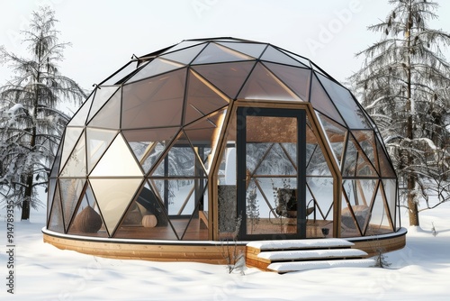 Transparent geodesic dome in a winter setting blending cutting edge architecture with nature’s beauty