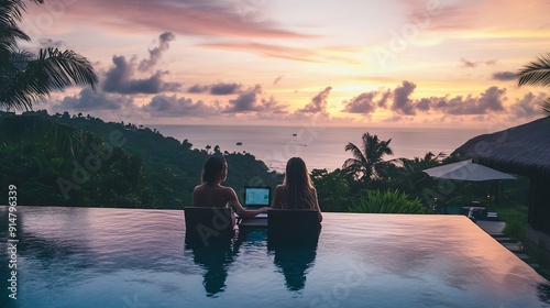 Men working at a laptop a digital nomad working at a swimming pool during a vacation on a tropical island man and woman in the infinity pool during sunset luxury vacation in a luxury p : Generative AI