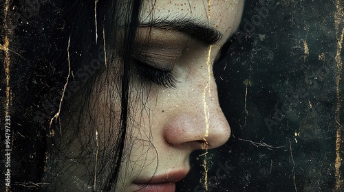 A close-up of a woman's face with a melancholic expression, captured in a textured, artistic style that evokes deep emotions.