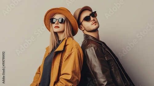 young couple in autumnal outfits and trendy sunglasses standing isolated on grey : Generative AI