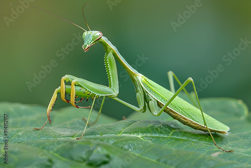 A green praying mantis perches on a large leaf, with its long, thin legs extended.