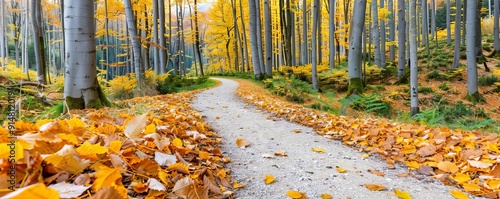 Serene forest path with golden autumn leaves, autumn forest, tranquility