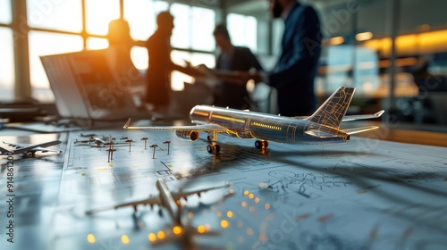 A team of aviation experts discussing strategies for optimizing airline efficiency, gathered around a conference table with charts and model airplanes