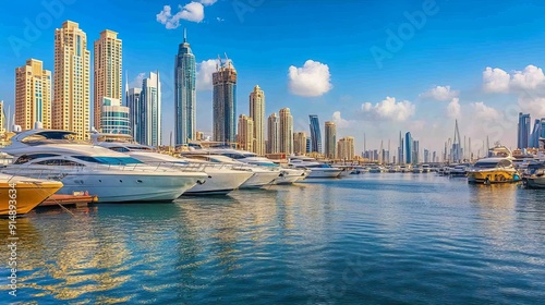 The United Arab Emirates: The Dubai Waterfront. Along the banks of the Dubai lagoon, high-rise modern buildings line the waterfront, and numerous boats are moored nearby.