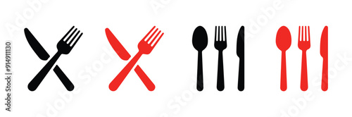 Fork, knife, plate and spoon. Menu symbol. Restaurant icon. Food, plate, fork, knife, spoon, cutlery icon set. Vector