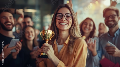 Business success concept. Happy winner businesswoman receives a business award and holding trophy with team of cheerful workers. Celebrating and congratulating their leader on great work success.