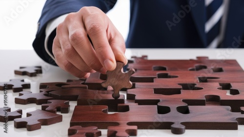 Closeup of a hand placing a puzzle piece into a puzzle, perfect for business strategy and problem-solving articles and presentations, with ample copy space, high resolution, professional create, very 