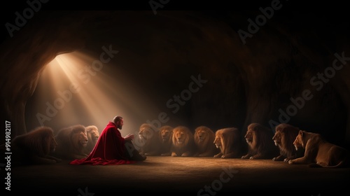 An illustration of the Daniel thrown into the lions den praying to God