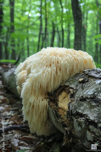 Enchanting Forest Fungi: Delicate White Mushrooms Thriving on Fallen Log