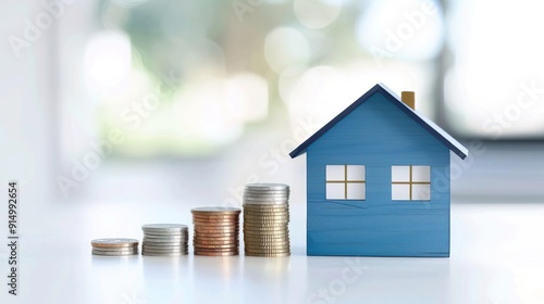 Blue house model with growing stacks of coins, representing homeownership, investment, and financial growth.