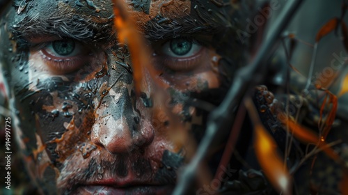 Close-up Portrait of a Camouflaged Man with Blue Eyes