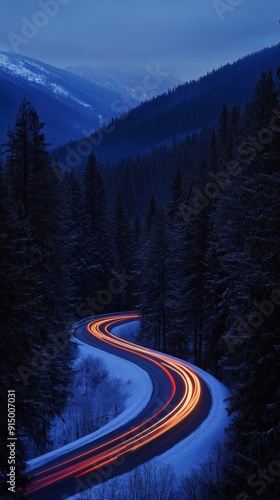 Winding mountain road with car light trails