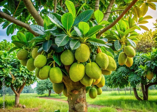 Vibrant green Kali Kathal leaf and fruit of a medium-sized jackfruit tree with a robust taproot system, reaching 8-10 meters tall in ideal conditions.