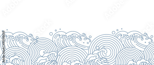 Japanese blue wave background vector. Wallpaper design with blue and white ocean wave pattern backdrop. Modern luxury oriental illustration for cover, banner, website, decor, border.