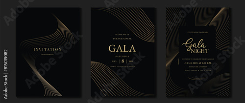 Luxury invitation card background vector. Golden elegant wavy gold line pattern on black background. Premium design illustration for wedding, vip cover template, grand opening, flyer.