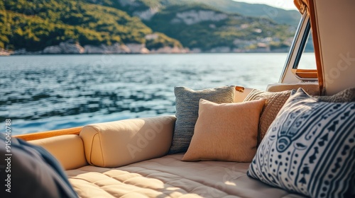 Relaxing getaway scene on a cabin cruiser with comfortable seating, soft cushions, and tranquil sea surroundings