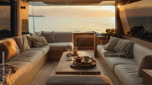 Relaxing getaway scene on a cabin cruiser with comfortable seating, soft cushions, and tranquil sea surroundings