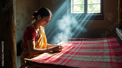 Traditional Indian weaver crafting on handloom in village settingries.