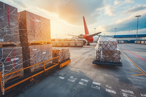 Loading air cargo containers onto modern freighter jet aircraft for shipment preparation at airport