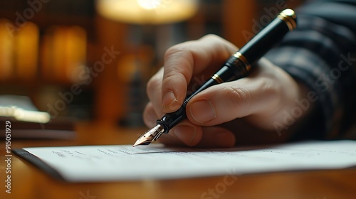 Close-up of a hand using a fountain pen to sign a renewal contract, office calendar visible, office setting, wooden desk, contract text slightly out of focus, pen gleaming under office lights,