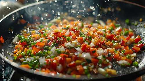 Sauteed vegetables getting tossed in a pan with oil splashing everywhere