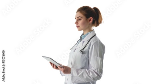 Scientist or doctor with tablet computer, possibly working or consulting