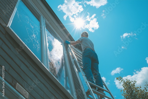 Professional window cleaning service: worker on ladder washing exterior glass, home maintenance and sparkling results under bright sunlight