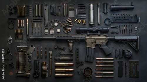 A meticulously arranged assortment of firearm parts and ammunition laid out on a dark surface, showcasing the complexity and mechanical intricacy of weaponry.