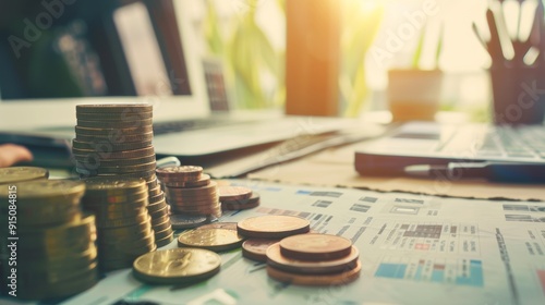 Stacks of coins and financial documents on an office desk, bathed in warm light, symbolizing savings and financial planning.