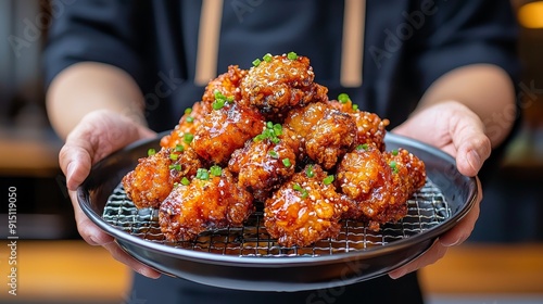 Delicious crispy fried chicken garnished with green onions served on a black plate, highlighting perfect textures and colors.