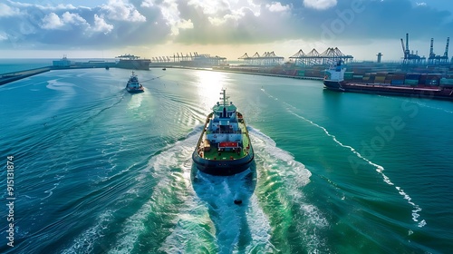 Tug boat maneuvering cargo ship in port of long beach