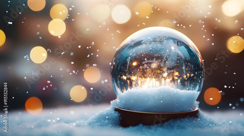 A snow globe sits atop a bed of snow, capturing a warm glow of lights inside, while soft snowflakes gently fall around it, creating a magical winter scene